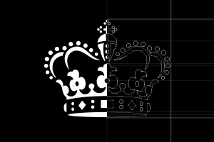 Monochrome vector graphic of a royal crown split with construction lines and anchor points on a black background