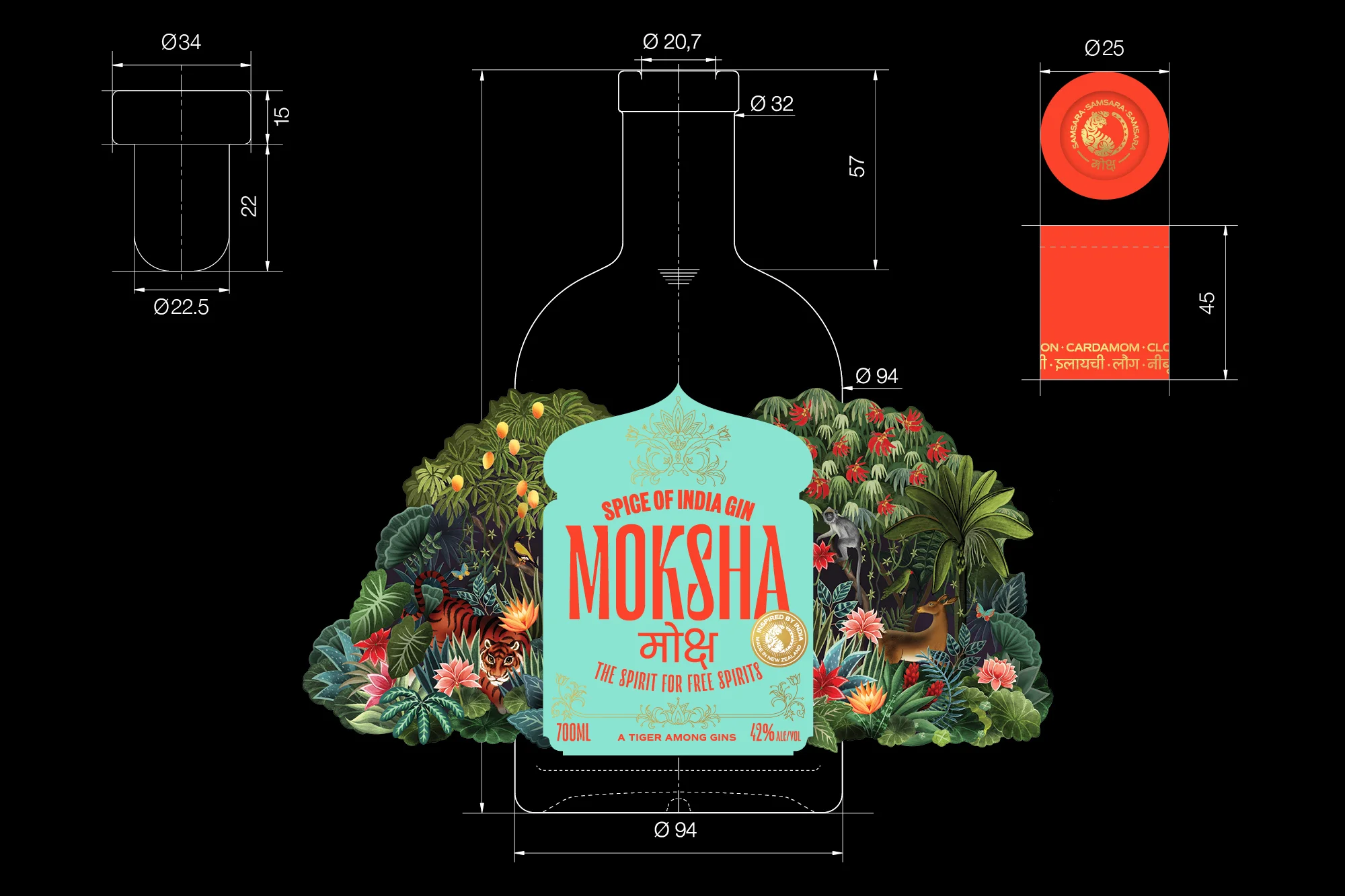 Moksha gin bottle label with detailed botanical art including tiger, deer, monkey, flowers, and foliage against a black background.