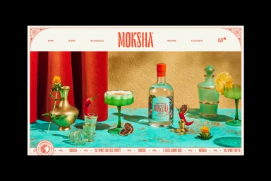 Moksha brand identity web layout featuring a spirits bottle, green cocktail glasses, red chilis, and gold accents against textured surfaces