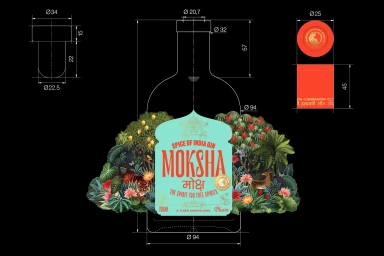 Technical bottle and label packaging design blueprints for Moksha gin featuring detailed botanical and animal illustrations against a black background