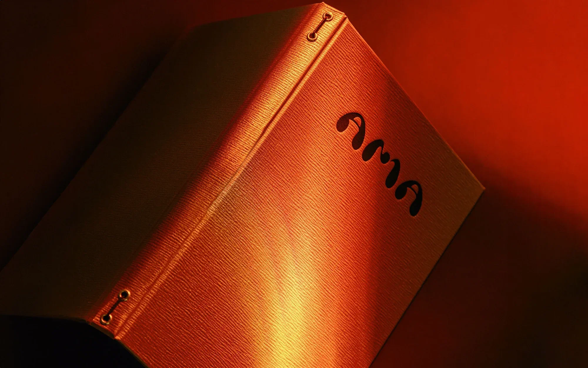 Close-up of a textured orange book with the word 'ama' cut out of the cover, illuminated by a warm spotlight against an orange backdrop.