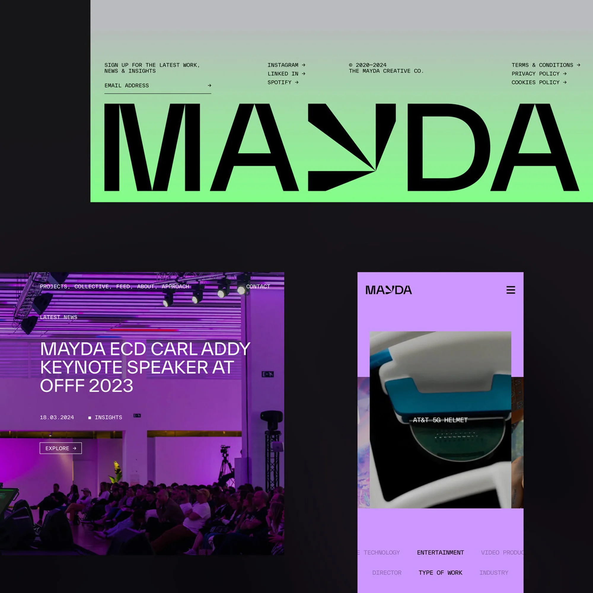 Collage featuring a website homepage in lime green with the word 'Mayda', a crowd at a conference, and a mobile interface in purple.