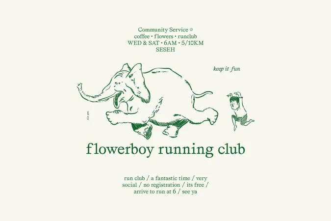 Illustration of an elephant and a person running, with text promoting a running club, rendered in green ink on a cream background.