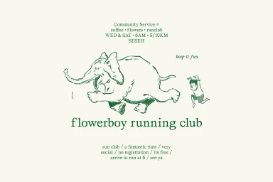 Green illustration of a running elephant and a small figure with typography on cream background