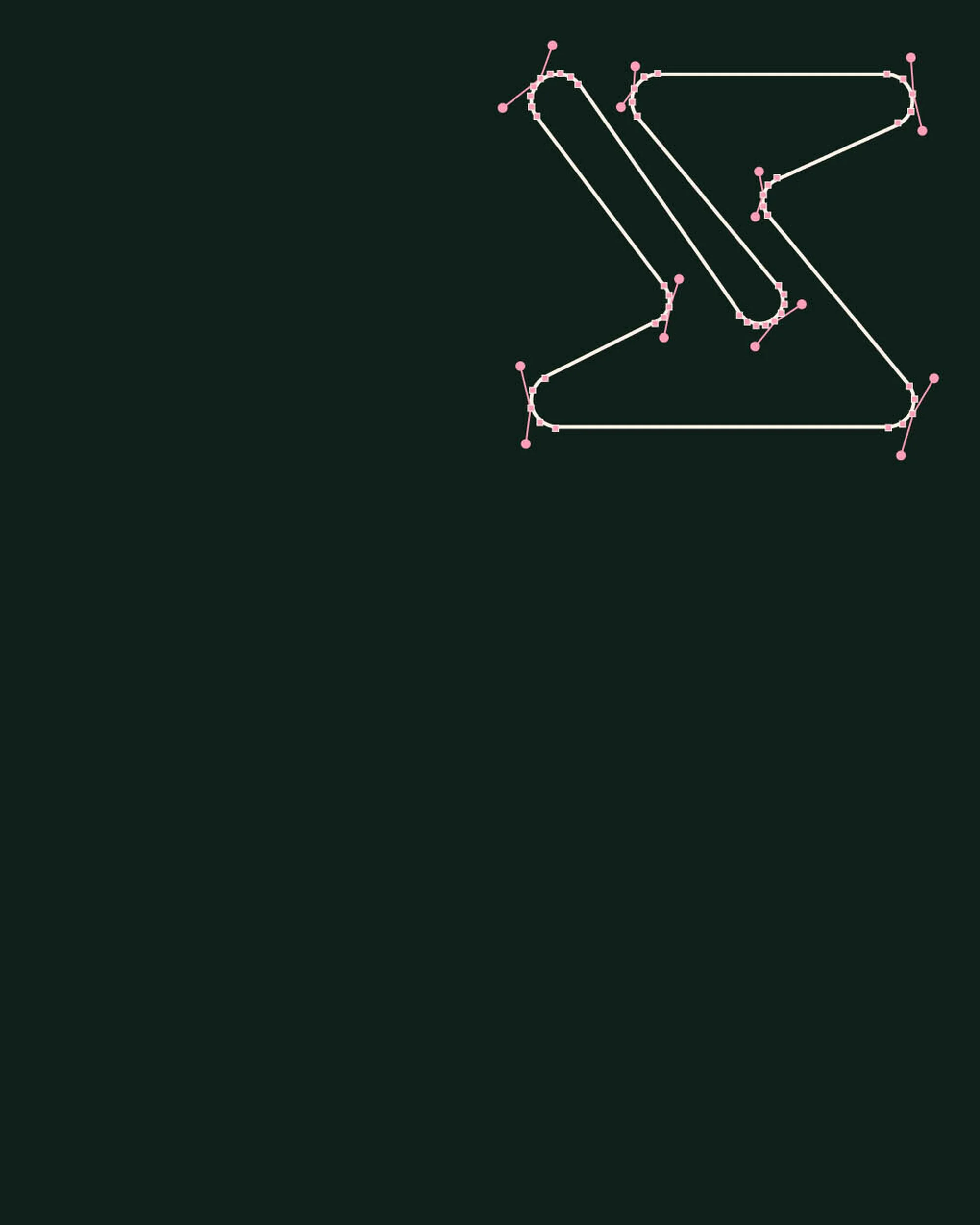 Geometric vector art on a dark green background features connected white lines with pink dots at each connection point creating abstract forms.