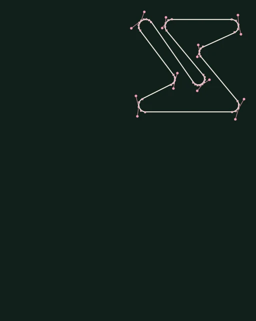 Geometric vector art on a dark green background features connected white lines with pink dots at each connection point creating abstract forms.