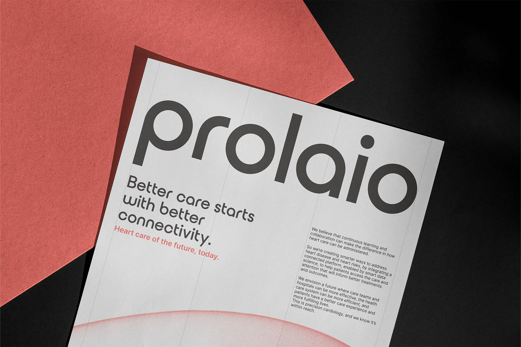 Promotional print ad for Prolaio with bold typography and soft color gradient, set against a black and coral backdrop.