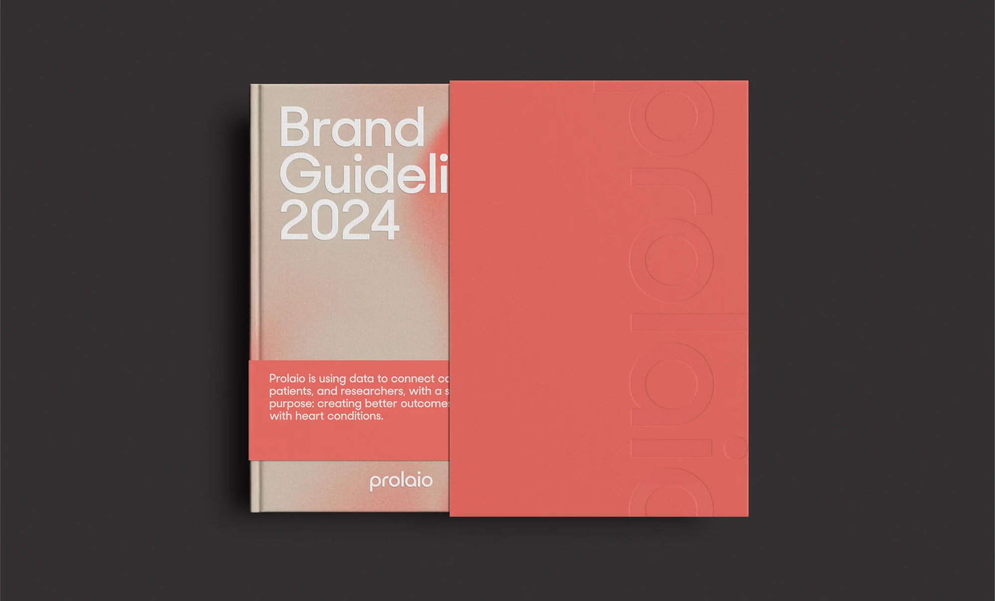 Brand guidelines mockup featuring a hardcover book with the title 'Brand Guideline 2024' and a coral sleeve, set against a dark gray background.