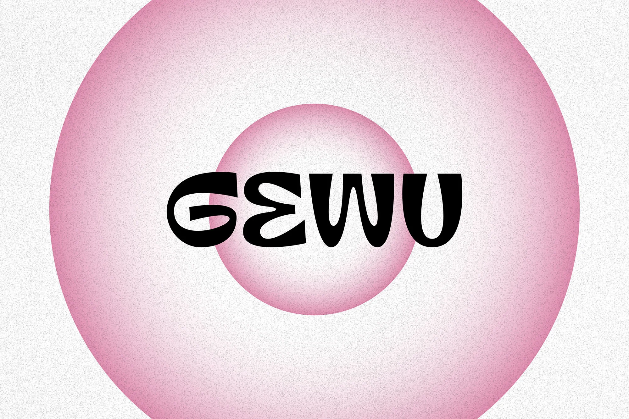 Abstract typography art featuring the text 'GEWU' in bold black letters against a backdrop of concentric gradient pink circles.