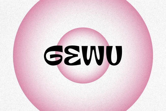 Abstract typography art featuring the text 'GEWU' in bold black letters against a backdrop of concentric gradient pink circles.