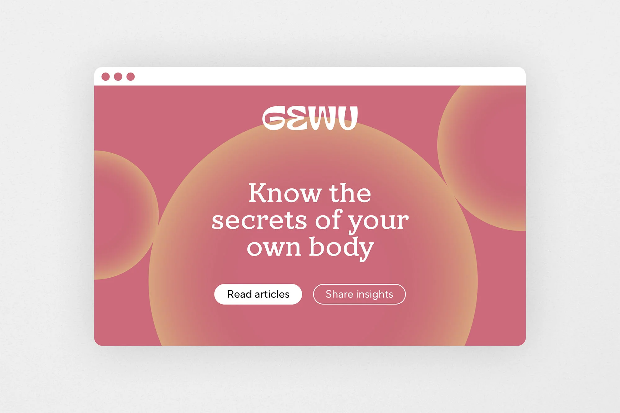 Website page featuring the text 'Know the secrets of your own body' over a rose-colored background with blurred orange spheres.