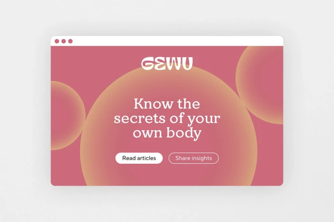 Website page featuring the text 'Know the secrets of your own body' over a rose-colored background with blurred orange spheres.