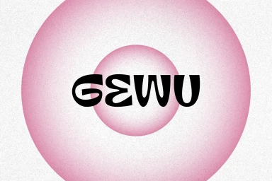 Bold black typographic brand logo spelling GEWU centred inside nested pink gradient circles against a textured white ground.