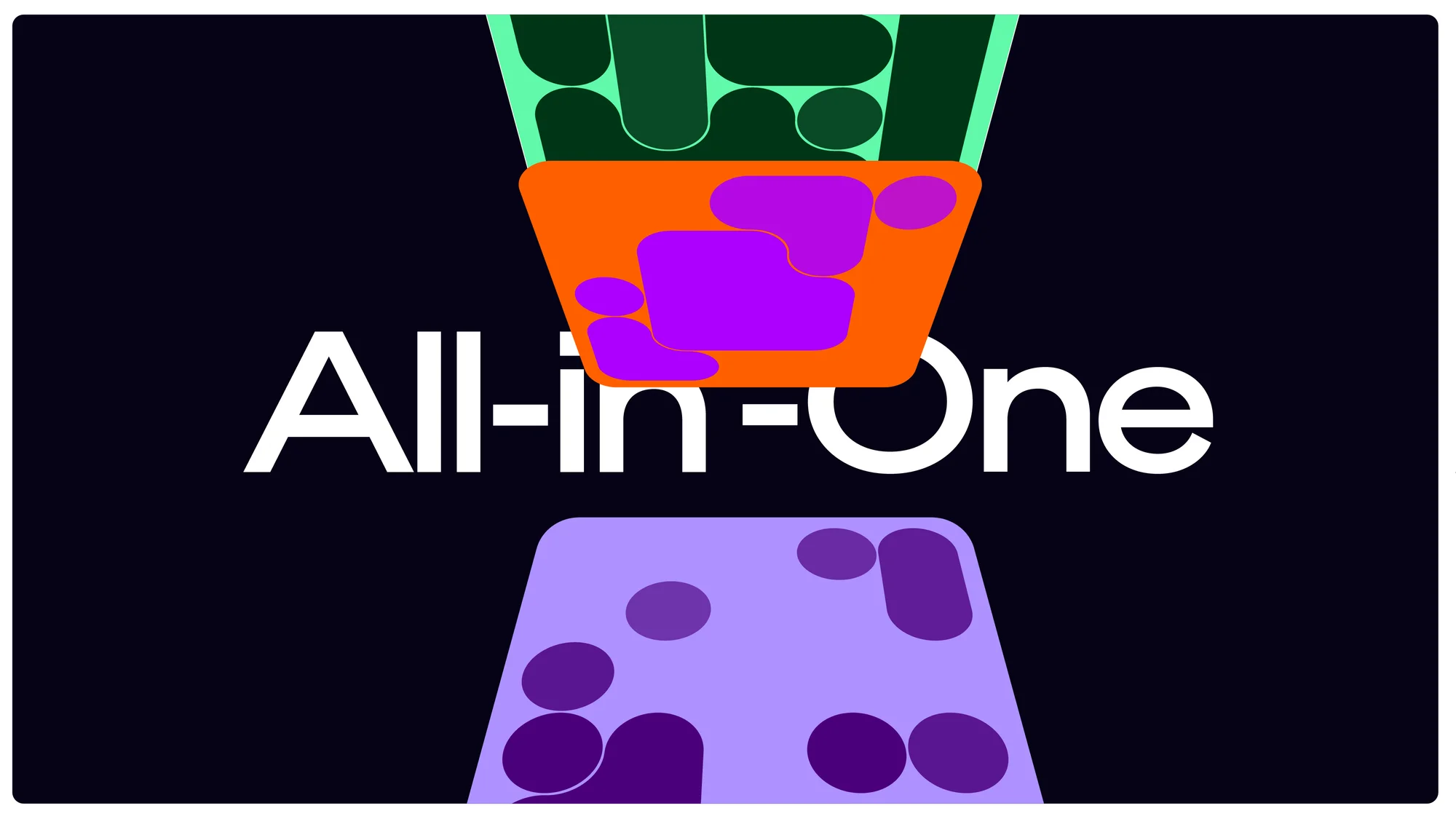 Graphic image features colorful geometric shapes arranged symmetrically on a dark background with the bold text "All-in-One."