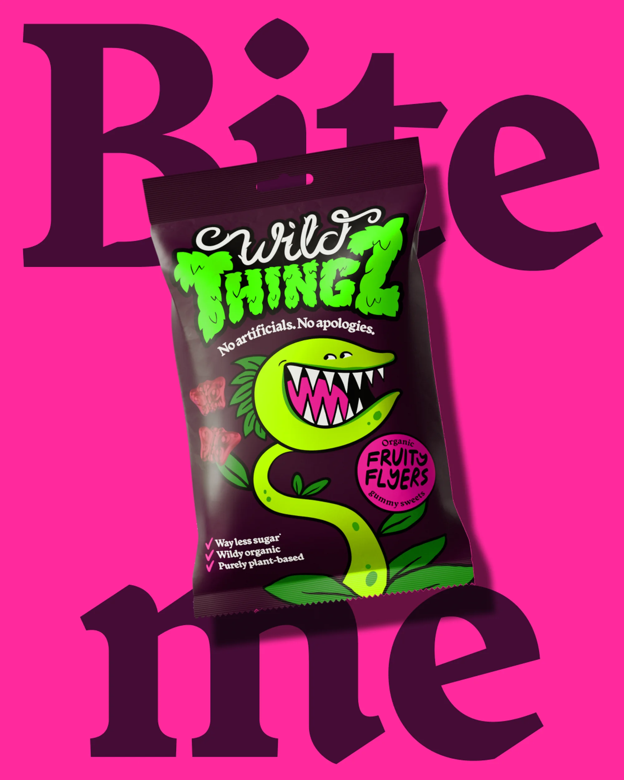 A bag of Wild Thingz candy on a hot-pink backdrop features a cartoon plant, playfully inviting 'Bite me' in a whimsical layout.