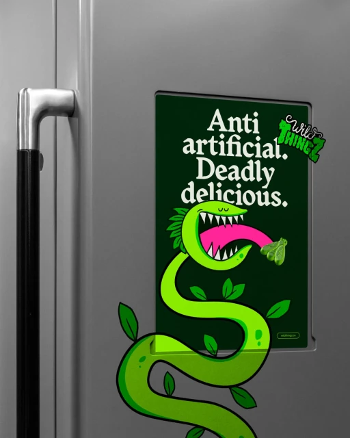 Illustration of a green cartoon snake on a refrigerator door, with an advertisement reading 'Anti artificial. Deadly delicious.'