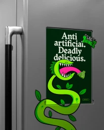 Green illustrated carnivorous plant poster on a metallic grey refrigerator door with a vertical handle.