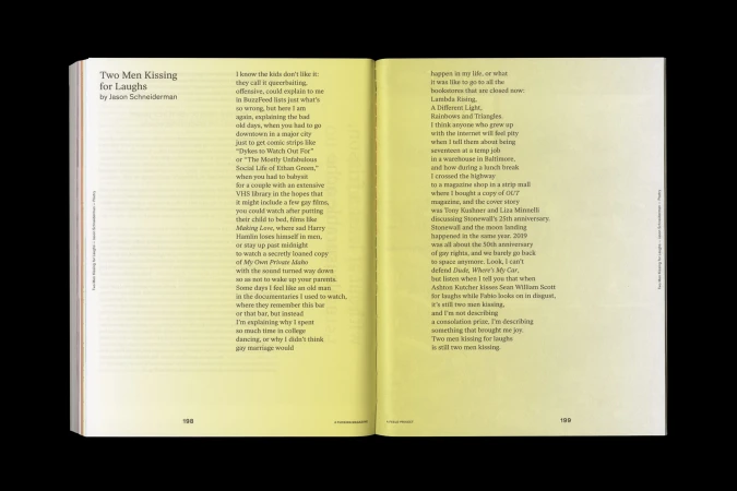 Open pages of a book display text, "Two Men Kissing for Laughs" by Jason Schneiderman, with detailed literary prose on each side.