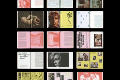Grid display showing multiple open magazine spreads with editorial photography, bold typography, and colorful layouts for Feeld brand identity.