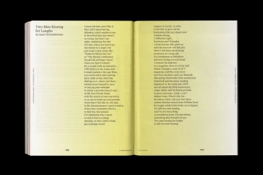 An open magazine layout featuring two pages of black text on a pale yellow background, titled Two Men Kissing for Laughs.