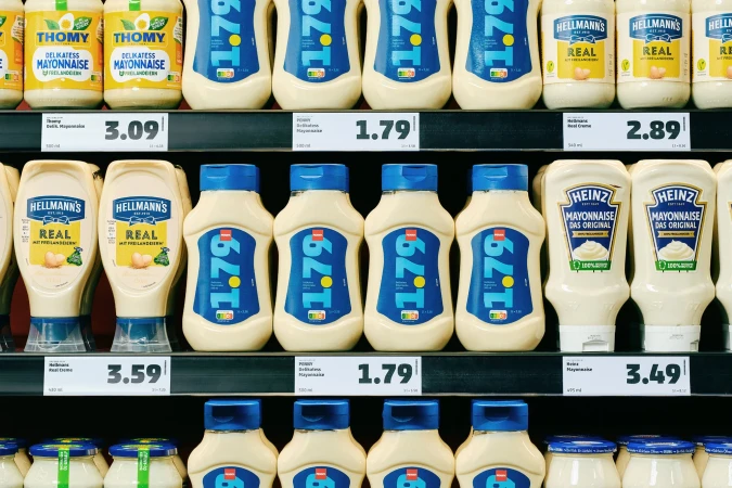 Assortment of mayonnaise jars arranged on store shelves, featuring recognizable brands such as Thomy, Hellmann's, and Heinz, with pricing tags.