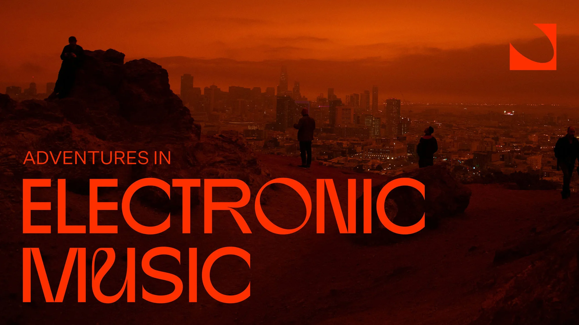 Cityscape panorama at dusk with silhouetted figures on hilltops and 'Adventures in Electronic Music' text, showcasing music event.