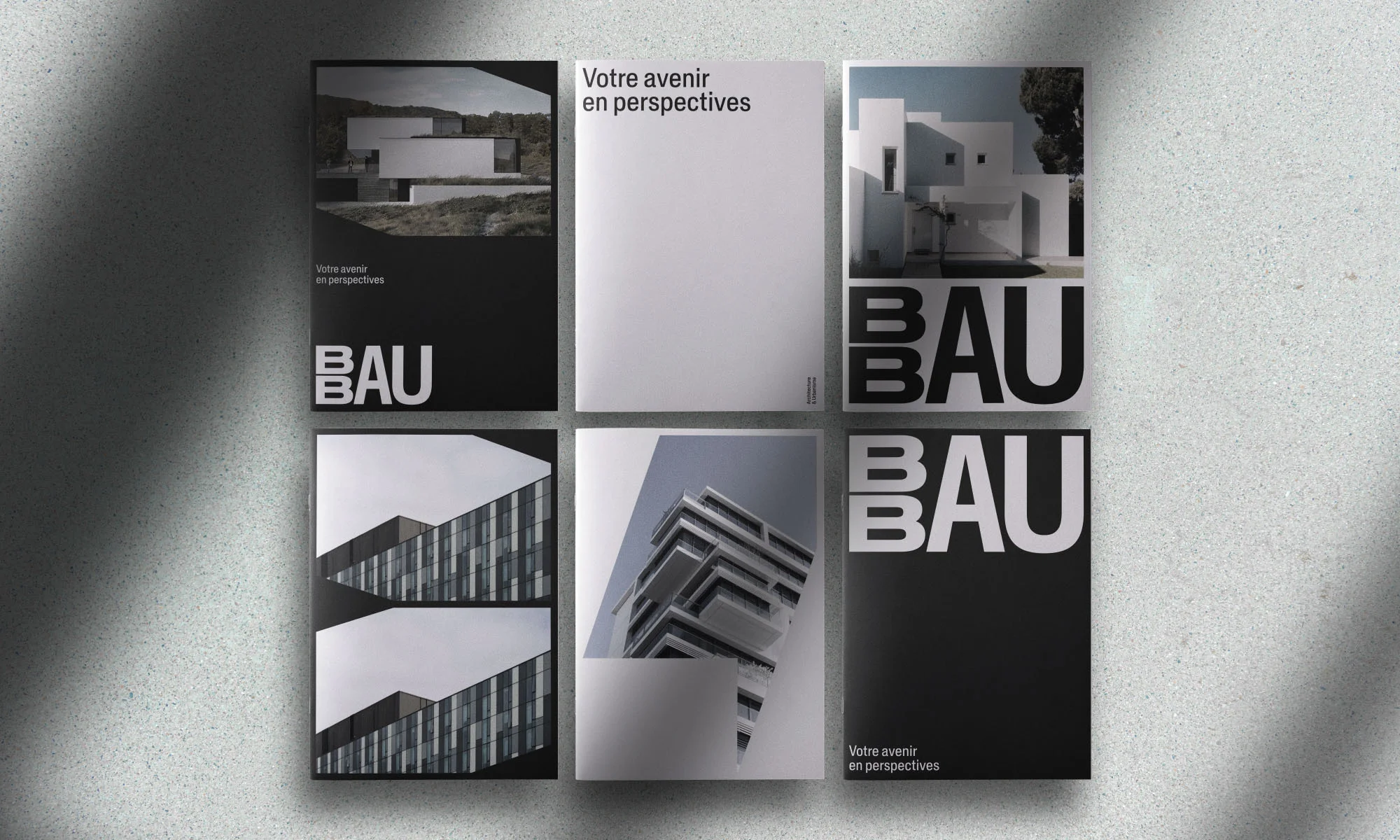 Six architectural magazine covers display modern building designs, emphasizing minimalist aesthetics, black and white layouts, and clean typography.