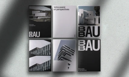 Six brochure covers featuring black and white architectural imagery and the bold uppercase letters BAU on a textured concrete surface.