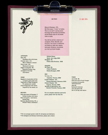 Restaurant menu on a clipboard. The menu is cream colored with a pink insert, featuring text and a pegasus logo.
