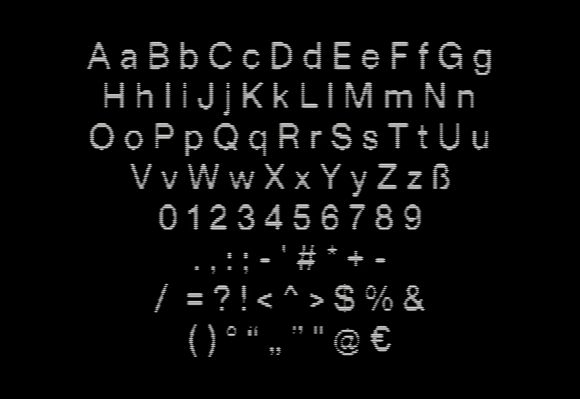 Typographic display featuring the alphabet in upper and lowercase, along with numbers, punctuation, and symbols, all presented in pixelated style.