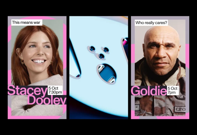 Triptych featuring Stacey Dooley smiling, an abstract object close-up, and Goldie in camouflage, promoting an October event.
