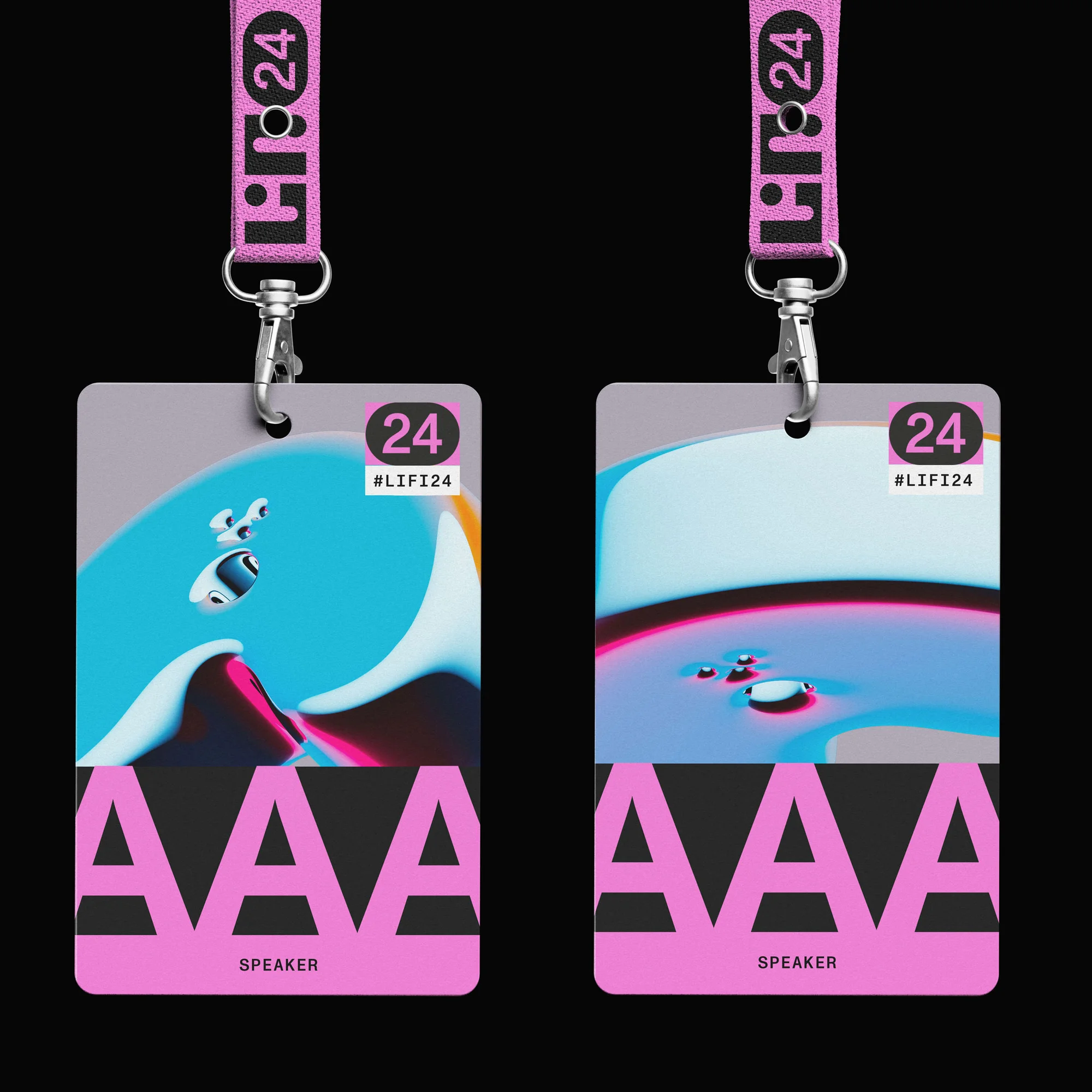 Two badges with lanyards display abstract designs and event branding against a stark black backdrop, emphasizing graphic event material.