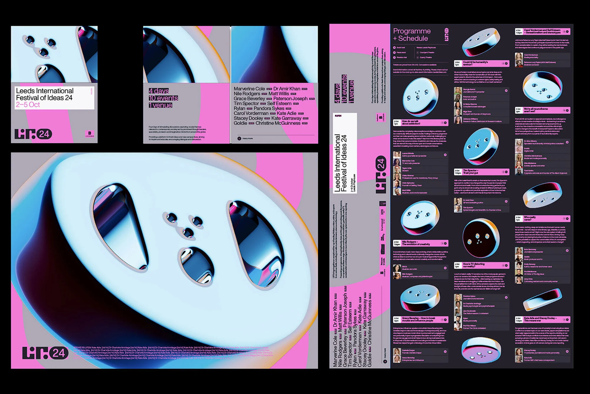 Promotional material for Leeds International Festival of Ideas 24 featuring abstract button design and event schedule.