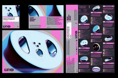 Branding layout for Leeds International Festival of Ideas featuring 3D chrome objects on pink and grey backgrounds with typography