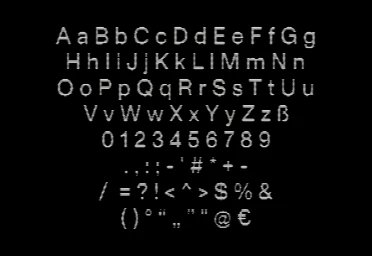 Monospaced retro computer terminal font alphabet display with letters numbers and symbols on black background