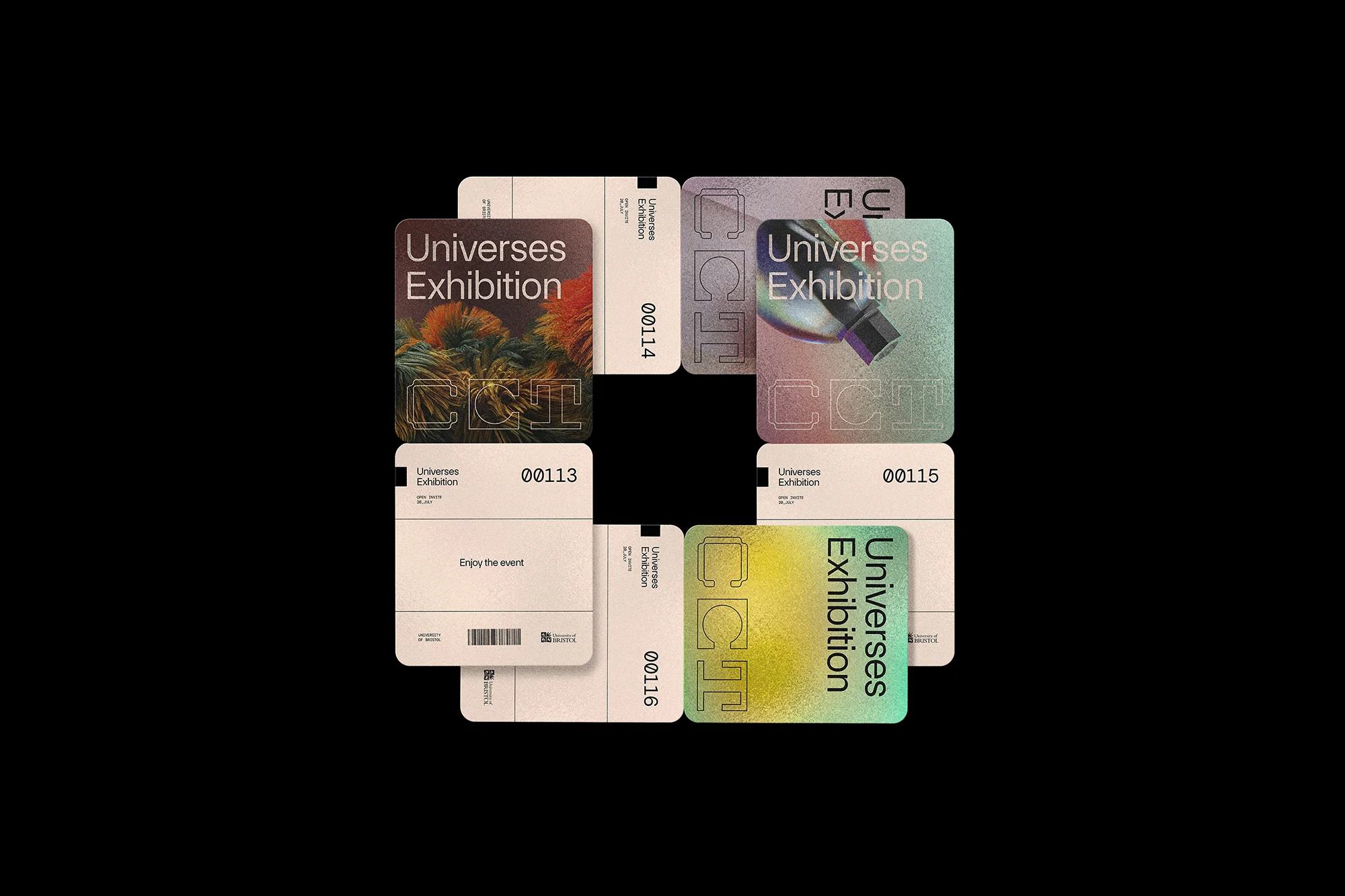 Graphic design for the Universes Exhibition featuring minimalist layouts, bold typography, and abstract imagery on a black background.