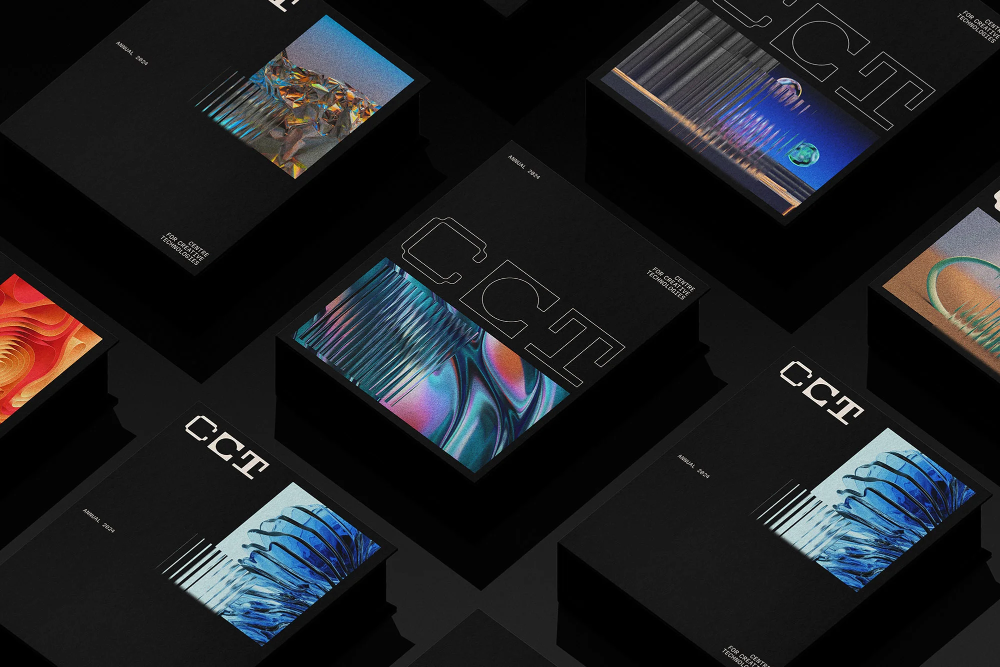 Multiple black covers with different 3D abstract art displayed on them, stacked in diagonal arrangement, set against a solid black background.