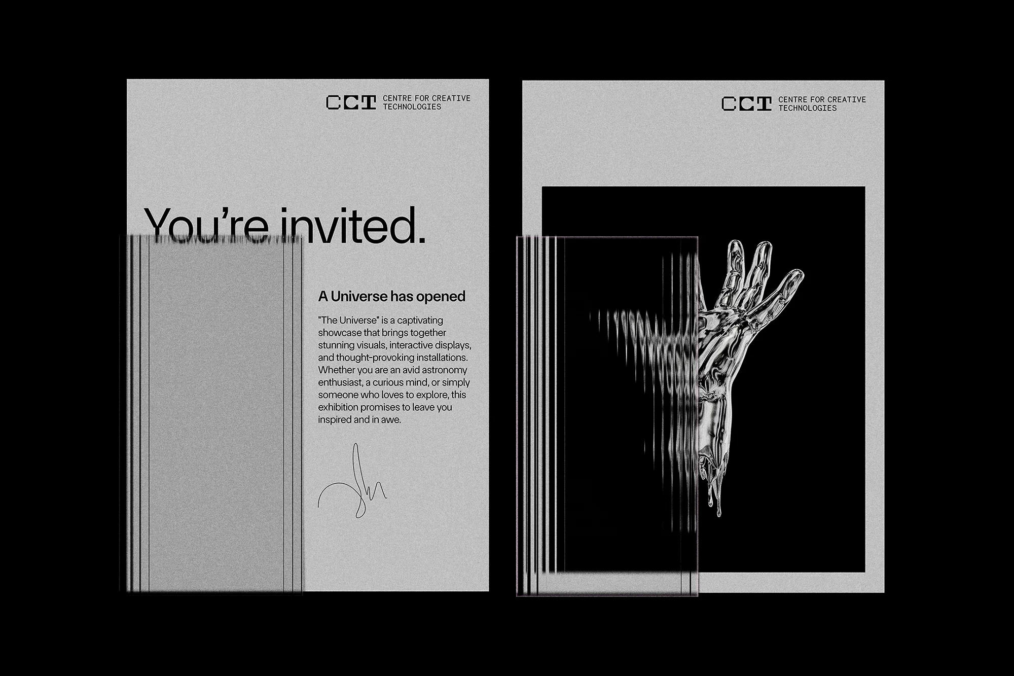 Two promotional posters for a creative technologies event featuring graphic design elements, typography, and an image of a robotic hand.