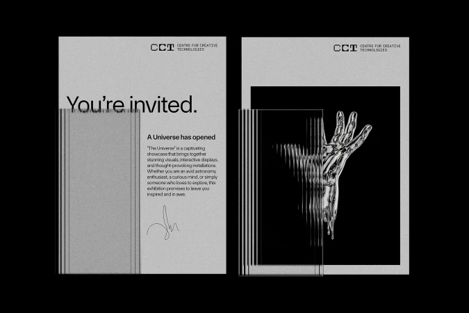 Two promotional posters for a creative technologies event featuring graphic design elements, typography, and an image of a robotic hand.