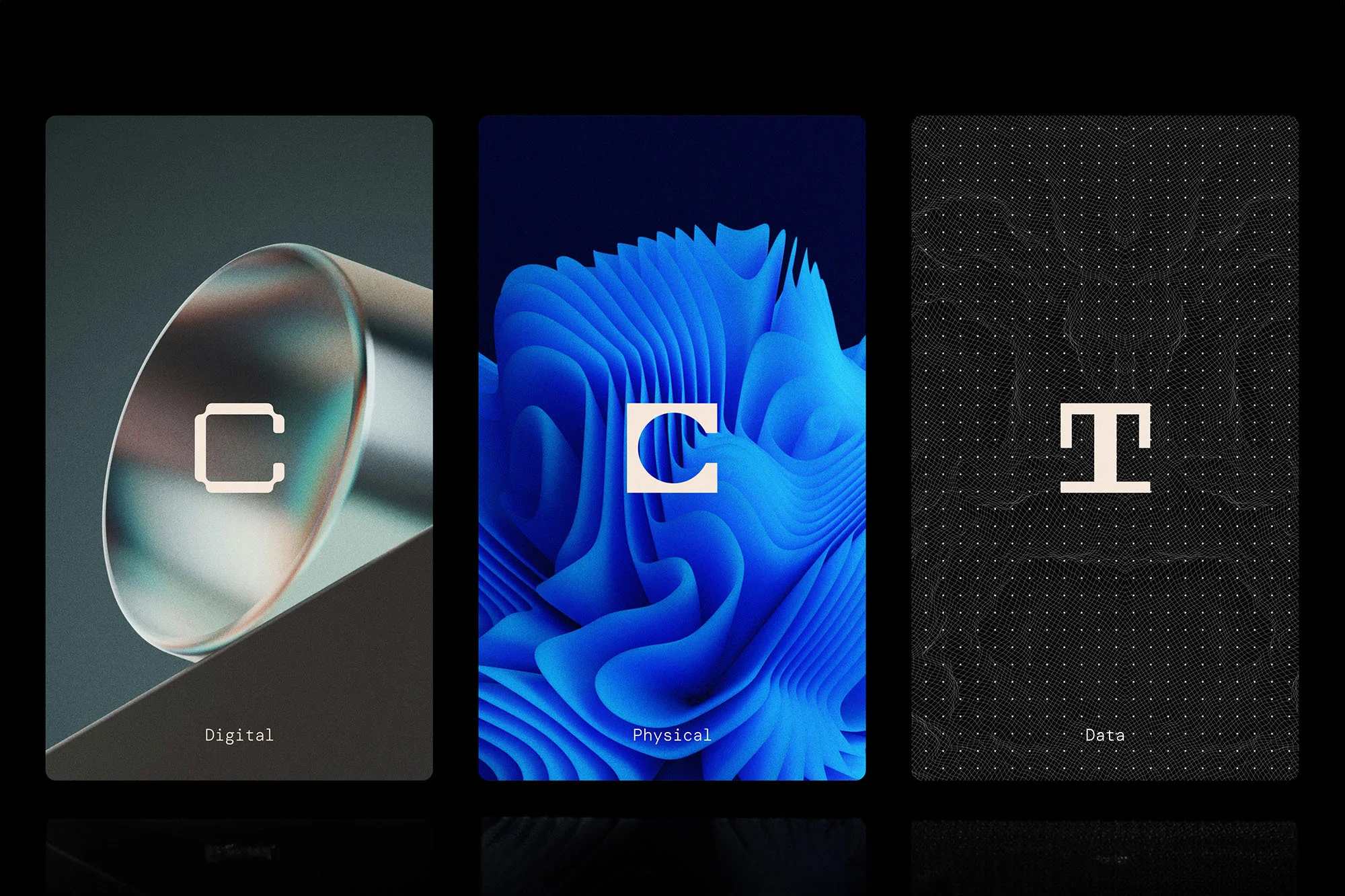 Three abstract art cards on a black surface. The left card has a cylinder; the center, blue waves; the right, a dot pattern.