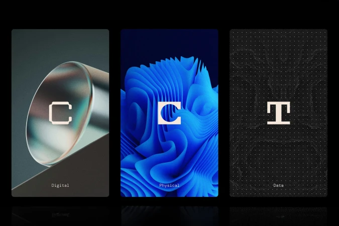 Three abstract art cards on a black surface. The left card has a cylinder; the center, blue waves; the right, a dot pattern.