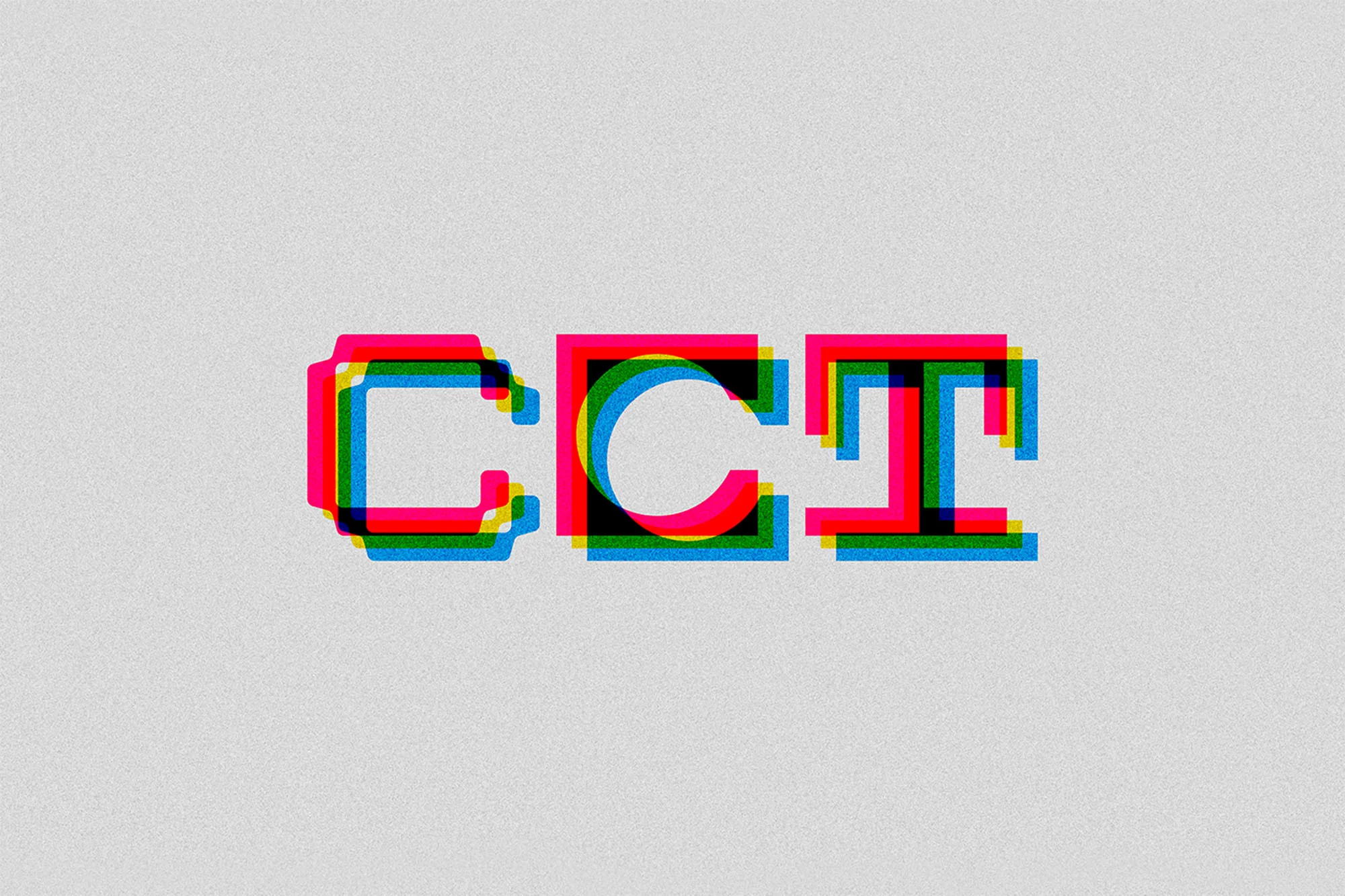 Abstract graphic design featuring the letters CCI in pixelated font with red, green, and blue overlapping colors on a light gray background.