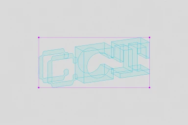 Cyan wireframe 3D typographic logo design on a light grey textured background with a purple bounding box