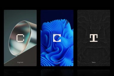Three vertical graphic design panels showcasing abstract shapes, blue wave textures, and dotted data patterns with typography