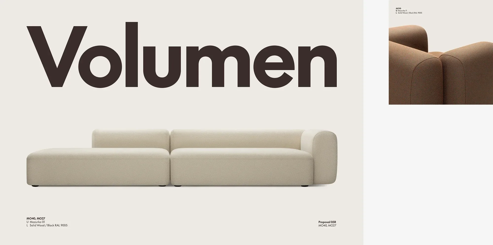 Beige sectional sofa in a minimalist interior setting with a large text overlay. Focus on modern furniture design and simple color palette.