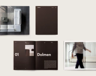 Flat lay showcasing the brand identity and catalogue design for Volumen featuring minimalist brochures and interior photography