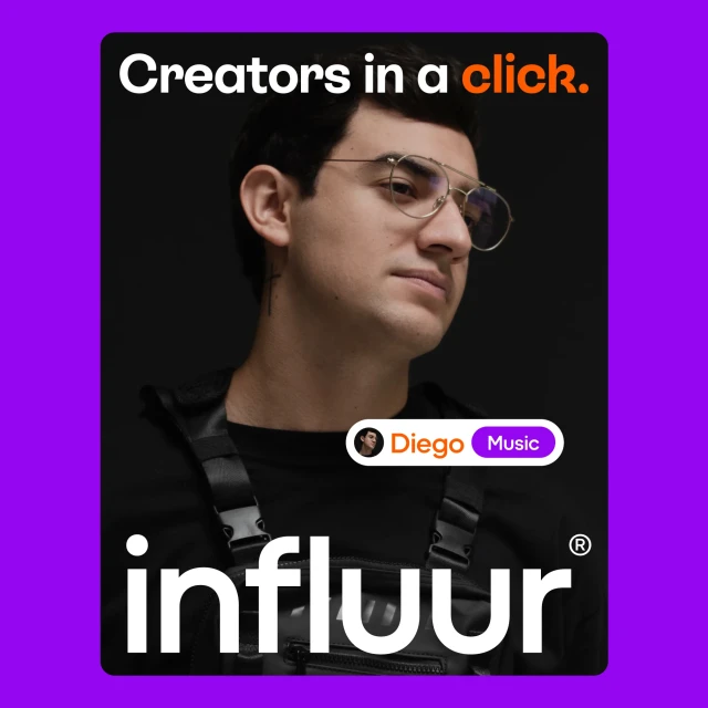 A digital advertisement features a portrait of a man with eyeglasses, set against a purple backdrop with the brand name 'influur' displayed.