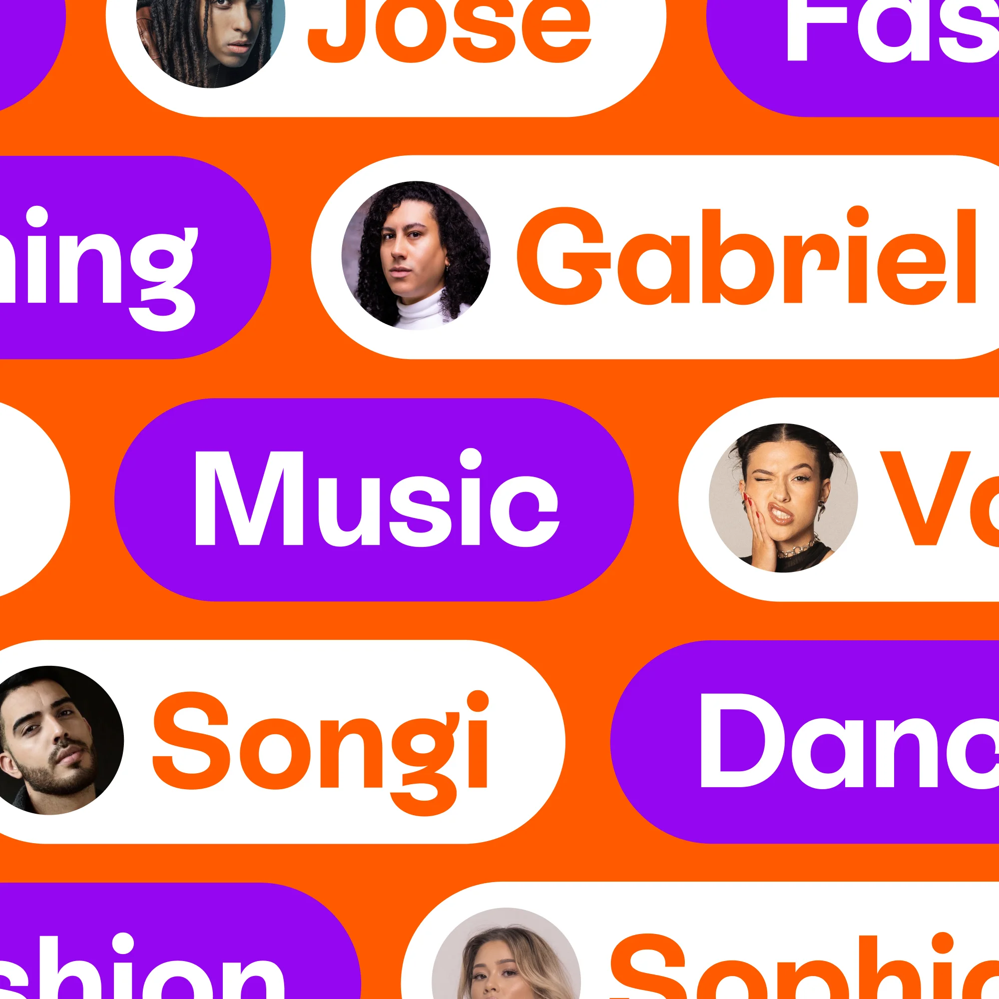 Graphic pattern of names and portraits with 'Music' highlighted, set against an orange background. A visually engaging design.