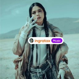 Portrait of Ingratax wearing a beige coat, white top, and claw-like gloves against a desert landscape for Influur brand identity.