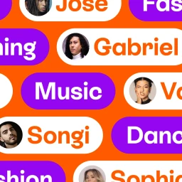 Vibrant orange background featuring overlapping pill-shaped UI elements with purple and white fills displaying text and circular profile avatars.